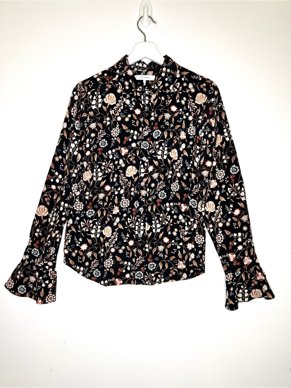 Frame Noir Multi Silk Button Down Blouse Ruffle Cuff Size Medium - Picture 3 of 13